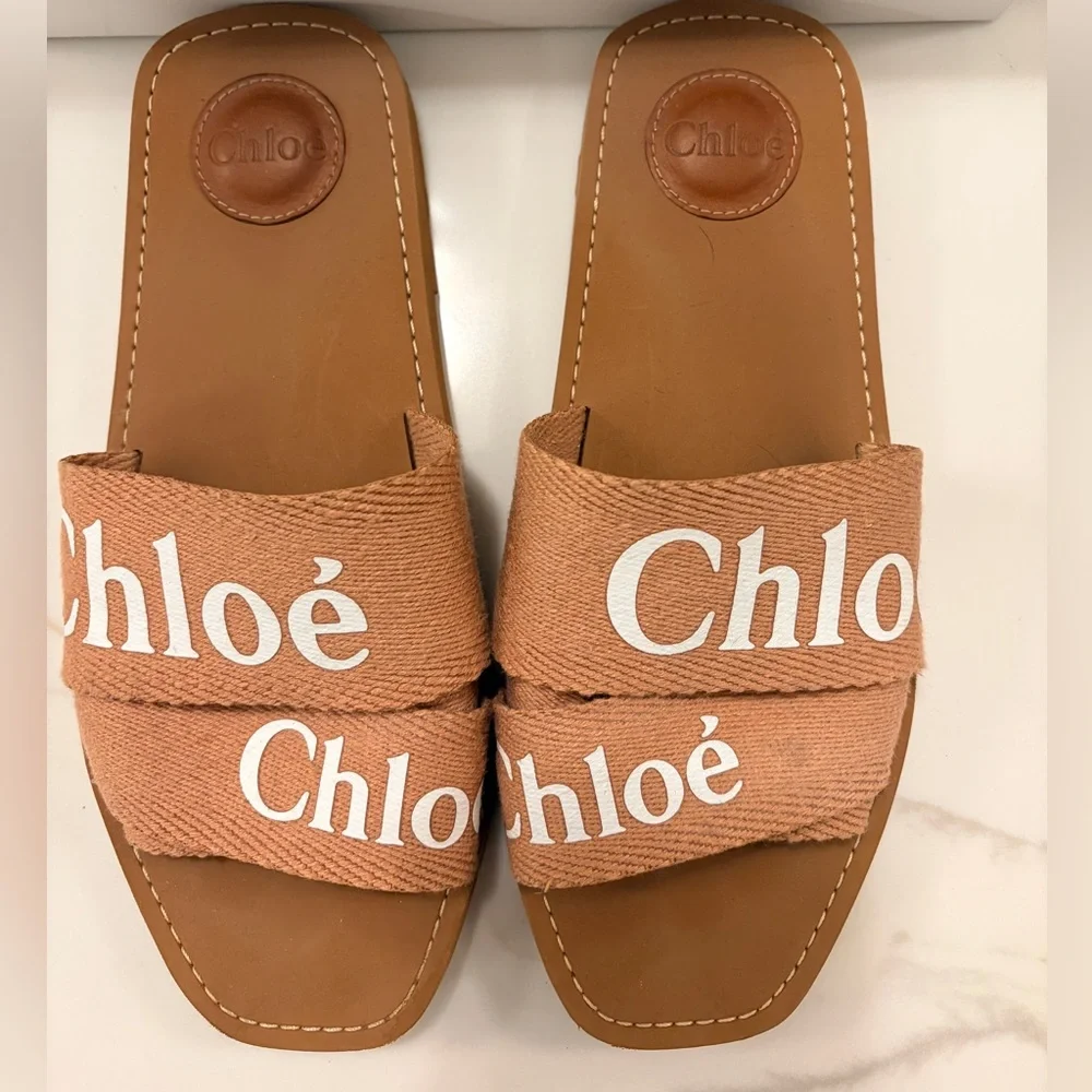 Chloé Tan Brown Logo Slide Sandals - Picture 2 of 4